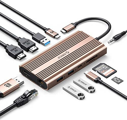 Docking Station, ORICO 12 en 1 USB C Hub, 4K HDMI, PD 100 W, 1 Gbps Ethernet, 4 USB 3.0, Lector de Tarjetas SD y microSD, VGA, 3,5 mm Audio, USB C Adaptador Compatible con Windows/Mac OS, Rose Gold