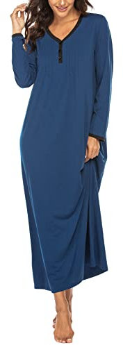 Ekouaer Chemise De Nuit Femme Chemise De Nuit Manches Longues Robe De Nuit Longues Chemises De Nuit Hiver Robe De Nuit Vêtements De Nuit Légers,Bleu,M