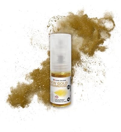 Food Colours Essbares Glitzerspray NEW GOLD SHIMMERING 5G – Pumpe mit metallischem Pulver zum schnellen, effektvollen Dekorieren von Torten, Cremes, Gelees, Pralinen, Schokolade und Zuckerdekorationen