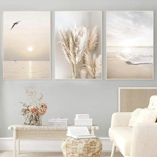 DLKAJFK Moderne Wandmalerei Plakat Set, Natürliche Landschaft Strand, Schilfblätter, Weiße Rosen, Leinwanddruck, Hintergrund Wanddekoration Plakat Set, Rahmenlos (Strand,3Pcs-50x70cm)