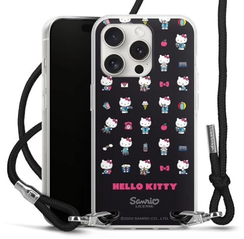 Carry Case kompatibel mit Apple iPhone 15 Pro Hülle mit Band Handykette zum Umhängen schwarz Hello Kitty Fanartikel Kindheit