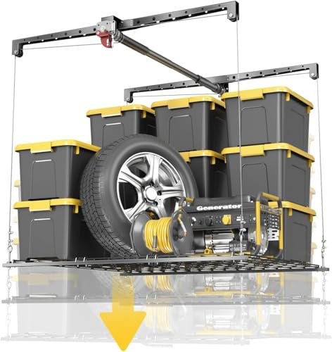 KOKORACKER Scaffale per garage sopraelevato, 1,2 x 1,2 m, per garage e garage, resistente sistema di sollevamento per l'organizzazione del garage, capacità di peso di 113,4 kg, finitura lucida