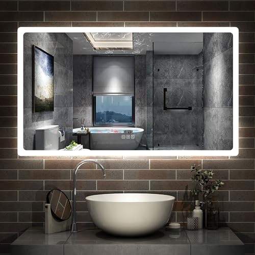 Aica Sanitär LED Badspeigel 120×70cm Bluetooth Uhr 3 Lichfarbe dimmbar Memory Wand/Touchschalter Anti-Beschlag Spiegel mit Beleuchtung energiesrarend