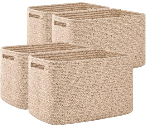 OIAHOMY 4 Pack Storage Baskets for Organizing, Cube Storage Bins for Shelves, Rectangle Storage Baskets With Handles, Woven Baskets for Storage, 12.7''Lx9''Wx7.8''H, Mixed Brown