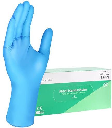 Einweghandschuhe Blau Extra Lang 100 Stück Nitrilhandschuhe puderfrei, Handschuhe Einweg latexfrei, strapazierfähige reißfeste Gummihandschuhe, Einweghandschuhe für Kochen, Reinigen XL