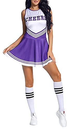 MSemis Damen Cheerleading Kostüm Cheer Leader Uniform Karneval Fasching Party Halloween Kostüm Kleid Minirock mit Crop Top N Violett S