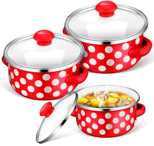 Aboofan Enamel Soup Pot Set 3 Pcs Double Handles Flat Bottom | Enamel set, double handles, flat bottom, for soups stews noodles, easy to clean, daily cooking and gift use.