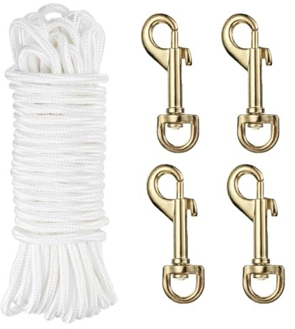 sourcing map 50Ft Flag Pole Rope Kit, Flag Pole Halyards Rope 15/64 Thick with 4 Pcs Zinc Alloy Swivel Flagpoles Clips Hook(Gold), Nylon Flagpole Line Rope White