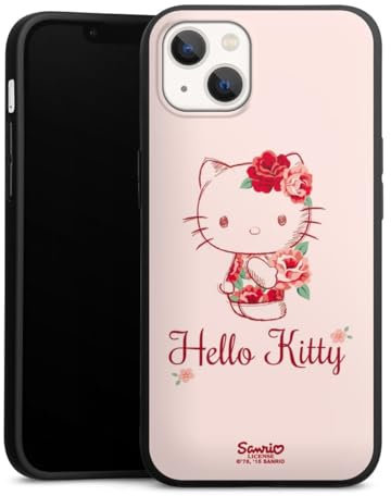 Premium Silikon Hülle kompatibel mit Apple iPhone 13 Handyhülle schwarz Case Hanami Hello Kitty Blume