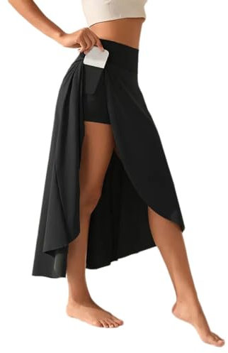 Onsoyours Damen Ruffle Wickelrock Lang Asymmetrische Rock Tennisröcke Hohe Taille Tennis Rock mit Taschen Laufröcke Sport Golfrock mit Innenhose Sommer Rock A Schwarz XL
