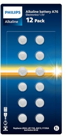 Philips Alkali 1 Volt A76 Batterien - Ideal für Uhren, Taschenrechner und kleine Elektrogeräte, 12 Stück