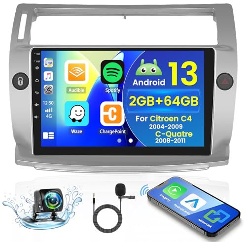 2+64GB Android 13 Radio Coche para Citroen C4 2004-2009/C-Quatre 2008-2011 Radio Carplay Android Auto Inalámbrico, IPS 9 Pantalla Táctil con Cámara Trasera, Bluetooth Manos Libres, Navegación GPS