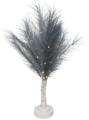SHATCHI 70cm Grey Feather Tree Table Lamp Warm White LEDs Lighted Pampas Tree – Battery-Operated Decorative Night Light for Christmas, Home, Events, Holiday Decorations