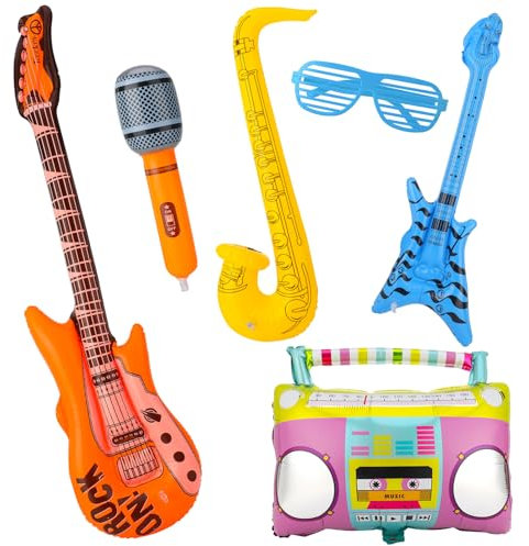 taonganui 6 Stück Aufblasbares Rockstar Spielzeug, Aufblasbares Radio,Bass,Gitarre,Saxophon,Mikrofon, 80er 90er Party Dekorationen,Hip Hop Kostüm für Rockmusik Karnevals Party Zubehör