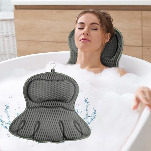 Alaoo Badewannenkissen, Oktopusform, Unterstützt Kopf, Nacken, Schultern und Rücken, Passend für alle Badewannen (Grau)