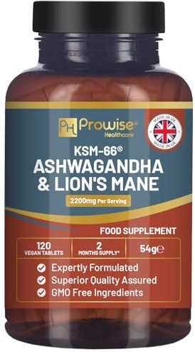 KSM-66 Ashwagandha and Lions Mane Tablets - High Strength 2200mg | KSM-66 Ashwagandha Root Extract and Lions Mane Mushroom Extract - 120 Vegan Tablets with Black Pepper - UK Made by Prowise
