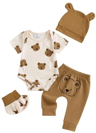 Strampler für Neugeborene, mit Bären-Aufdruck, kurze Ärmel, lange Hose, Mütze, Schuhe, 4-teiliges Set