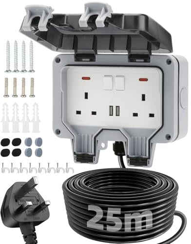 Olutula Outdoor Socket 25m Extension Lead 2 USB Ports Waterproof IP66 13Amp Weatherproof Outdoor Sockets Switch Indicator Light Wall Electrical Outlet Socket Box for Garden
