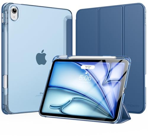 MoKo Funda para iPad Air 11 Pulgadas M3/M2 2025/2024, iPad Air 5.ª/4.ª Gen 10,9 Pulgadas Funda 2022/2020 con Portalápices, Ligera y Delgada con Soporte Trifold y Cascara Traslúcida PC, Azul Marino