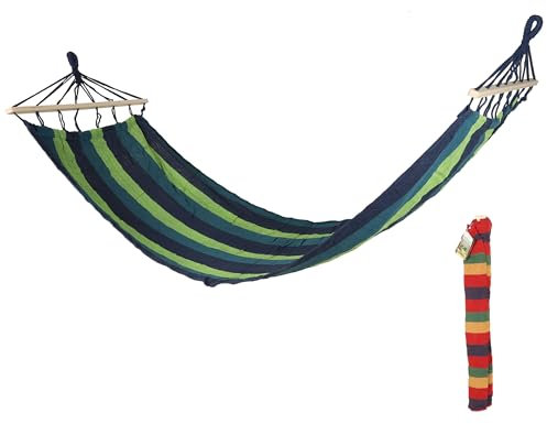 Hängematte mit Holzstange für 1 Person - strapazierfähiges Baumwoll-Mischgewebe - 200 x 80 cm - Hängematte für den Garten - Stabhängematte Farbe Grün/Blau