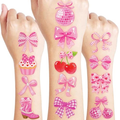 96 PCS Pink Bow Pre-Cut Temporary Tattoos for Kids | Super Cute Pink Bow Themed Birthday Party Favors, Supplies, Decorations, Fake Tattoo Stickers, School Rewards & Gifts for Boys & Girls
