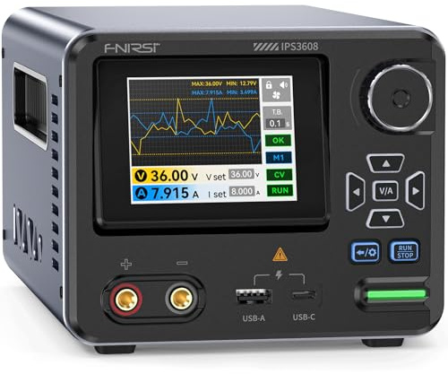 FNIRSI IPS3608 Fuente de Alimentación de CC Variable: Fuente de Banco 36V/8A Baja Ondulación<10mV, Carcasa de Al, Puerto USB-A&Tipo C Interfaz Dual Día/Noche Programable por PC 6 Datos Preestablecidos