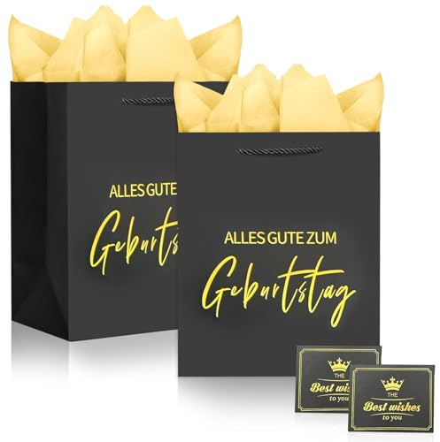 ePicsoa Geschenktüten Geburtstag 25x21x10cm, 2 Groß Geschenktasche | Mit 4 Seidenpapier und 2 Karten,Geburtstagsgeschenk Verpackung, Papier Happy Birthday Tüte mit Griff Verpackung für Frau Mann