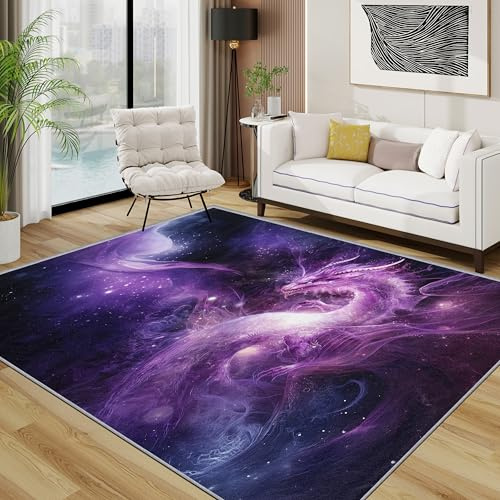 TerroVee Drache Teppich 140x200 cm, Fantasty Wildlife Teppich Wohnzimmer, Lila Kurzflor rutschfest Pflegeleicht Teppiche Für Jugendzimmer Schlafzimmer, Lila