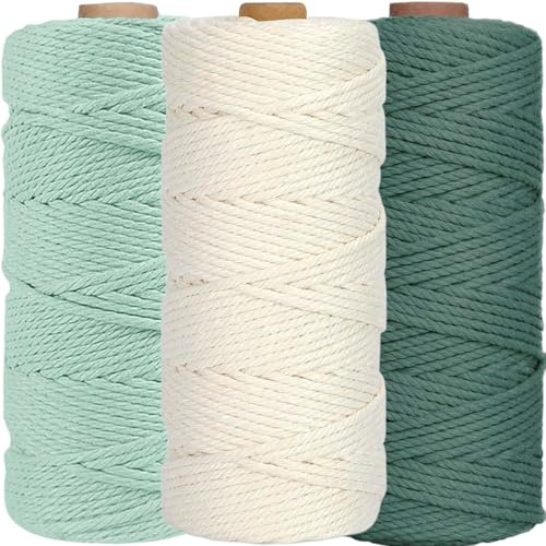 3 Stück Makramee Garn 3mm x100m, WINOK Bunte Makramee-Schnur, DIY Naturgarn Baumwollschnur Baumwollgarn Schnur Baumwollkordel für Wandpflanze Handwerk - Weiß Dunkelgrün Hellgrün