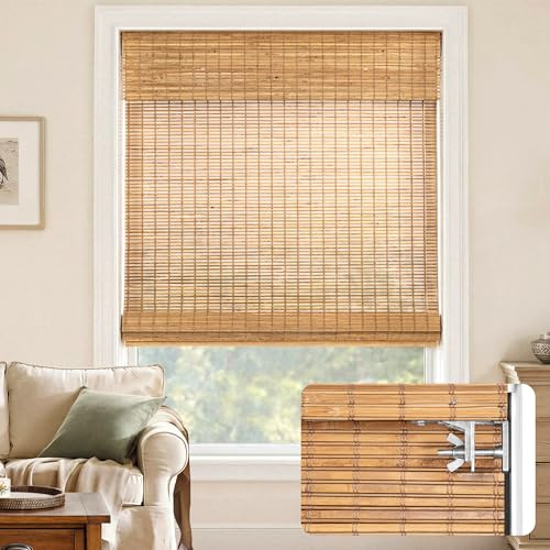LazBlinds No Drill Bamboo Roman Shades, 29.5 W x 48 H, Malay Oak | Cordless Light Filtering Natural Wood Blind, Privacy Protection, Room Darkening Bamboo Blinds for Windows
