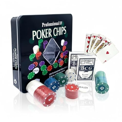 Shop SoftAir Set da Poker Professionale, Scatola in Metallo, 100 Fiches da Poker, 2 Mazzi di Carte, Fiches Dealer, 20x20x5,5 cm, per Adulti