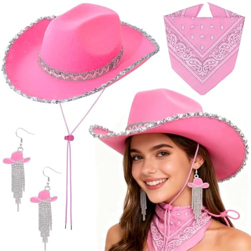 3pcs Western Cowboy Hut Set für Frauen, Cowgirl Kostüm Zubehör Set mit Hut Ohrring Gürtel Bandana für Maskerade für Hen Partys, Stag Dos, Bachelor Party Cosplay & Themenveranstaltungen - Pink
