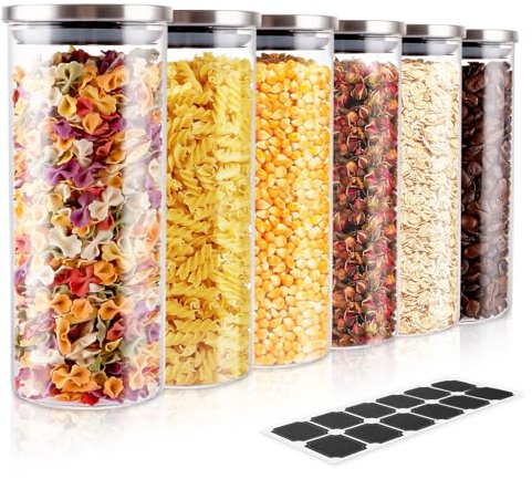 LDXDRU 5 Pièces Bocaux en Verre Hermétique 950 ml avec Couvercle Inox, Bocal en Verre avec Couvercle 8.5 x 20 cm, Pots Rangement Cuisine avec Etiquettes