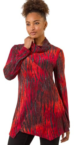Roman Originals Women's Cowl Neck Long Sleeve Tunic Ladies Lightweight Longline Patterned Top Blouse Snit Autumn Winter Work & Casual Smart Wear Going Out Party Loungewear - Red Noir - Size 14
