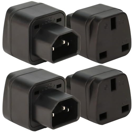 4 Pcs IEC to UK Socket, C14 to UK Adapter, 250V 10A IEC60320 C14 Male to UK Female Adaptor, PDU UPS Server Power Plug Converter, Universal Travel IEC Plug, Black