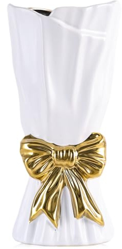 Keramikvase mit Schleife – Goldene Vase im verspielten „Coquette“-Stil für Blumensträuße; 24 cm hohe Blumenvase mit weiter Öffnung für frische, getrocknete oder künstliche Blumen，Weiß