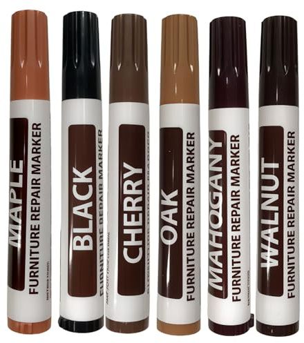 Juego de 6 rotuladores para reparación de madera, color negro, marrón rojizo, nogal, cereza, marrón claro, roble – práctico kit de reparación de madera laminada