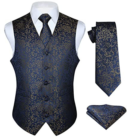 HISDERN Anzugweste für Herren Marineblau Florale Hochzeit Weste Krawatte Einstecktuch Taschentuch Jacquard Weste Herren Anzug Set Elegant XL