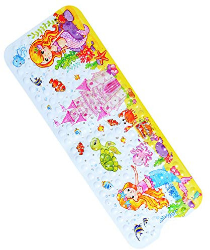 Bathsafe Alfombrilla de baño Extra Larga de Princesa Sirena Antideslizante con ventosas, Alfombrilla de baño Duradera para niños pequeños con Agujeros de Drenaje y ventosas, 100 x 40 cm