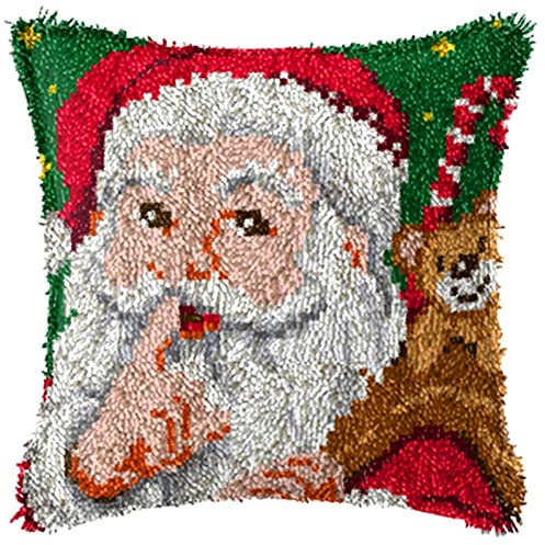YOJOLO Latch Hook Kit Cushion Making Kits Pre-Printed Christmas Santa Claus Pattern Pillowcase Cross Stitch Handcraft Needlework Xmas Arts Craft for Adults Kids,43 * 43cm/16.9 * 16.9 in