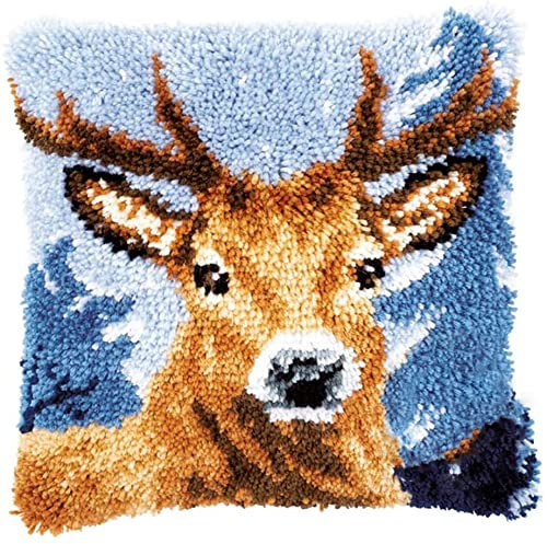 Latch Hook Kit for Adults & Kids - Deer Pattern 43x43cm, Complete DIY Cushion Making Craft Kits with Yarn & Canvas and Crochet Needle, Latch Hook Pillow Cover Adult Craft Kits Home Decor for Women