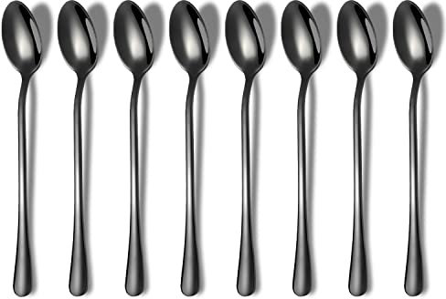 HOMQUEN Cuchara De Mango Largo Negra, Agitador De Café, Cuchara De Café De Acero Inoxidable Premium, Cuchara De Té Helado, Cuchara De Helado, Cuchara Agitadora De Cóctel, Juego De 8 (Negro)