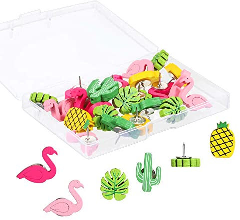 IRYNA 30Pcs Wooden Push Pins Thumb Tacks Decorative Cute Pushpins Drawing Pins Thumb Tacks for Photos Wall, Maps, or Cork Bulletin Board (Flamingo Pineapple Cactus Palm Leaf)