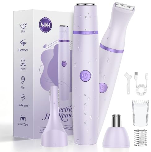 Rasierer Damen,4-In-1 Intimrasierer für Frauen,Gesichtshaarentferner,Nasenhaartrimmer&Augenbrauenrasier, Trocken&Nass Damenrasierer Elektrisch für Bikinizone,Gesicht,Nase/Ohren,IPX6&USB Aufladung Lila