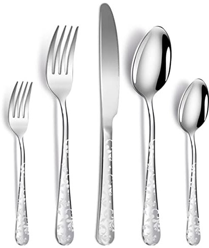 XIAOYU 5 Piece Stainless Steel Flatware Set, Silverware Cutlery Set, Include Knife/Fork/Spoon, Unique Pattern Design, Dishwasher Safe, Silver