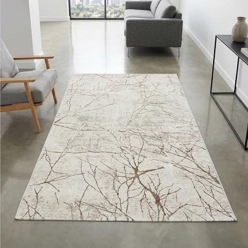 CARPETIA Teppich Abstrakte Zweige Creme mit Glanzeffekt 80x150 cm | Weich, pflegeleicht, schmutzabweisend und strapazierfähig, mit Glanzeffekt, OEKO-TEX geprüft, für Wohn- & Schlafzimmer