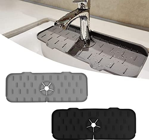 2PCS Kitchen Silicone Splash Sink Mat, LIUCONGBD Water Splash Guard Faucet Mat for Sink Draining Pad, Faucet Handle Drip Catcher Tray for Kitchen Bathroom(Black Grey)