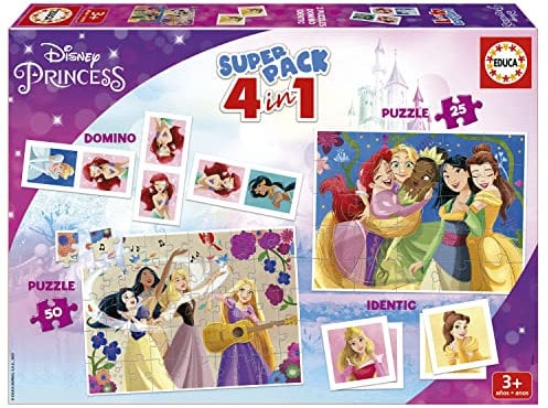 Educa - Disney Prinzessinnen Superpack 4in1, inkl. Domino, Memo Spiel und 2 Puzzles, für Kinder ab 3 Jahren (19683)