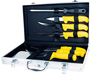 Pradel Excellence - Mallette de Couteaux de Boucher Authentique - 5 Couteaux + 1 Couperet + 1 Fusil d’Affûtage Manches en Polypropylène - Acier 3CR14 - Compatible Lave-Vaisselle - Boîte Couleur