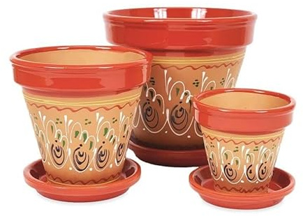 Verano Spanish Ceramics Outdoor Living Terracotta Hand Painted Inca Red Classic Pots with Drainage Plates - Decorative Garden Patio Gardening Herb Flower Plant Pots - Set of 3-16x14, 23x22, 29x27cm